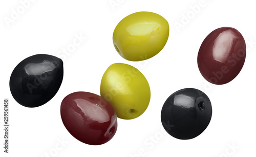 Flying green, black and red olives, isolated on white background
