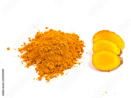 Turmeric powder (Curcuma) on white background. herbal photo