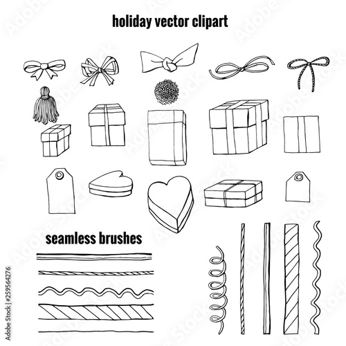 Set of gift wrapping, boxes and bow knots clipart. collection of holiday decoration objects.