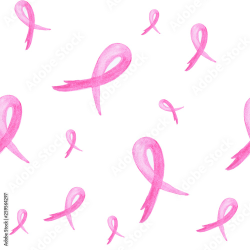 Breast cancer awareness pink ribbon Seamless pattern with hand drawn pink watercolor awareness ribbons.