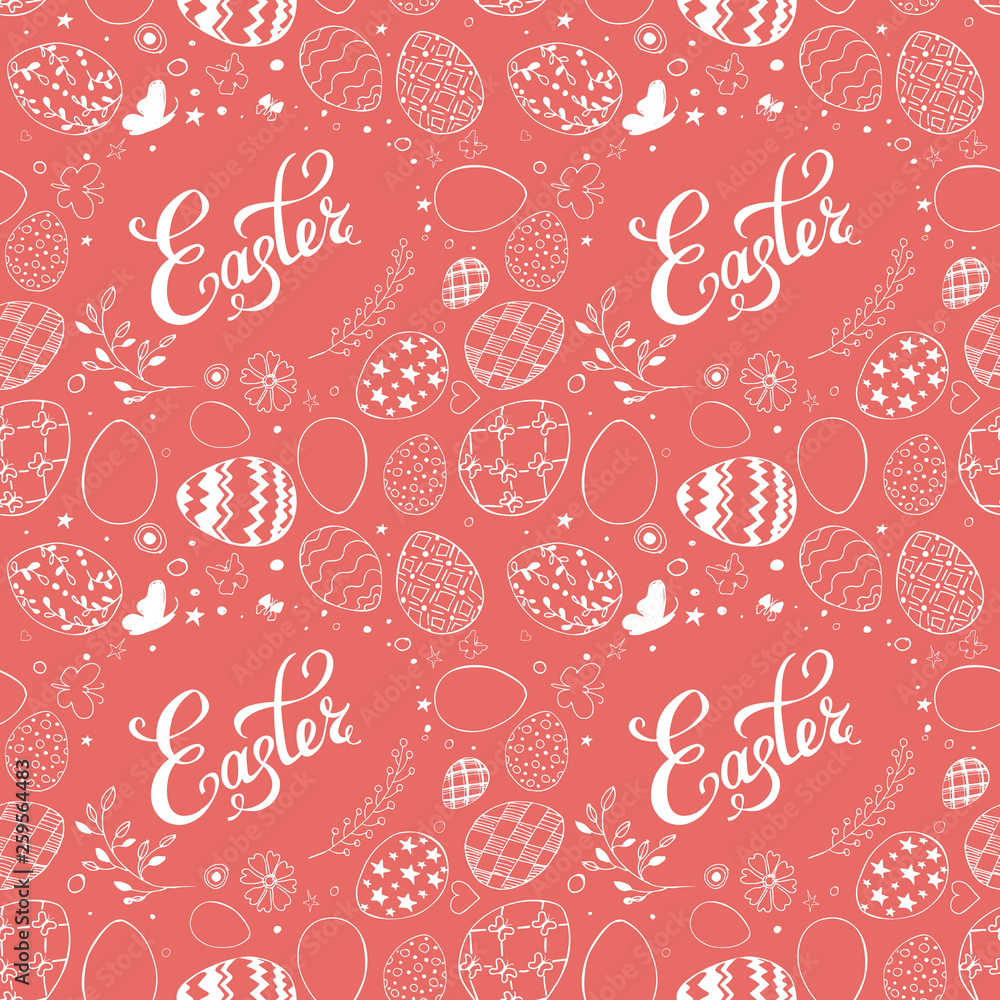 Seamless easter pattern with ornamental white hand drawn eggs, leaves, butterflies and lettering Easter on coral background. Easter holiday background. Vector illustration. Seamless easter pattern with ornamental white hand drawn eggs, leaves, butterflies and lettering Easter on coral background. Easter holiday background. Vector illustration.