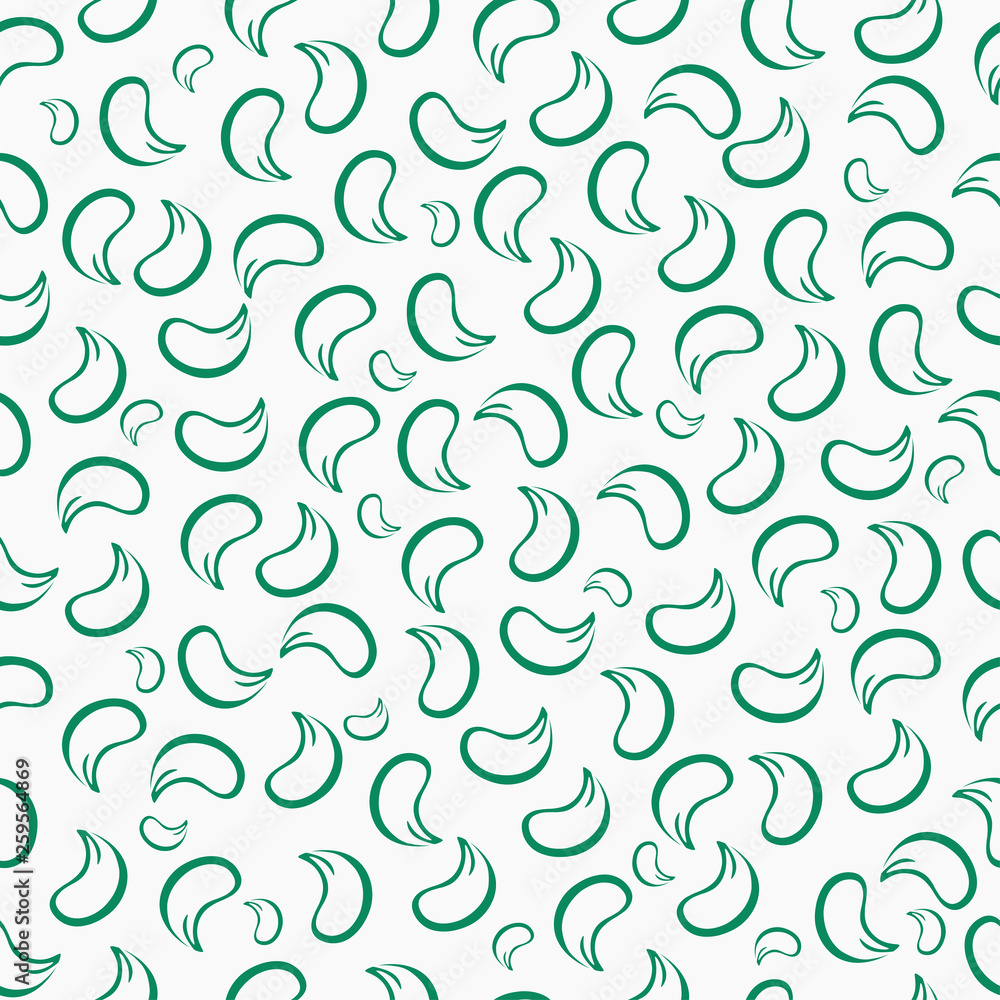 White leaves in the shape of a paisley with a green stroke on a white background. Falling feathers. Seamless background. White leaves in the shape of a paisley with a green stroke on a white background. Falling feathers. Seamless background.