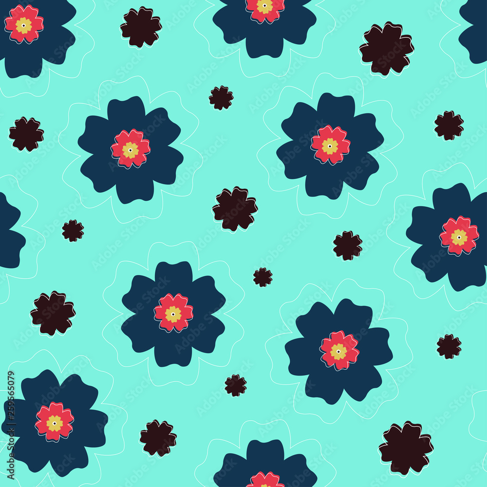 Blue and brown flowers on a blue green background.Seamless pattern.