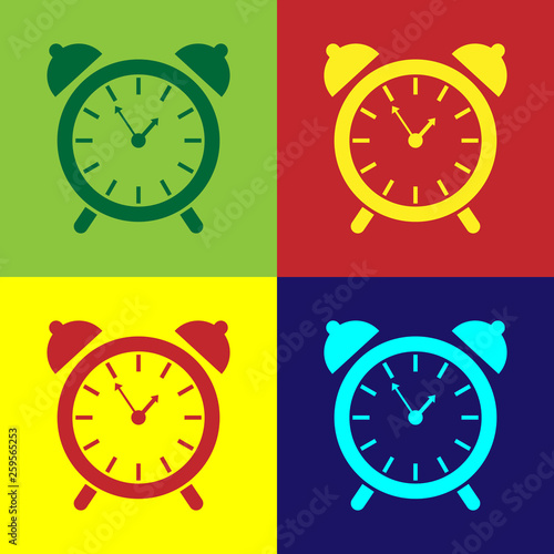 Color Alarm clock icon isolated on color backgrounds. Wake up, get up concept. Time sign. Flat design. Vector Illustration
