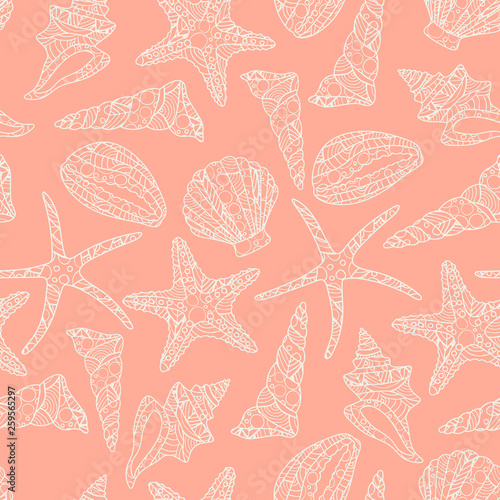 seamless pattern in zen art style with conch shells and starfish on pink background