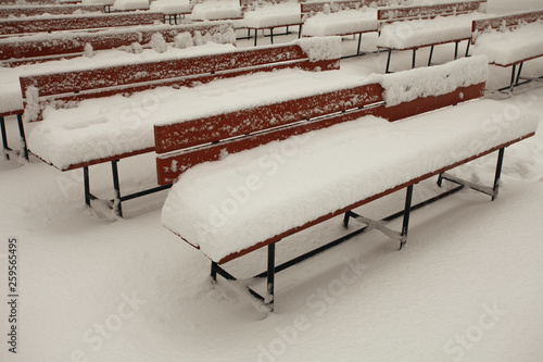 End of show concept. Abandoned outdoor cinema in winter photo