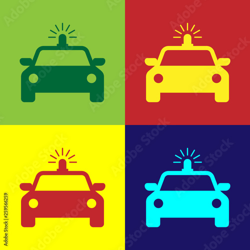 Color Police car and police flasher icon isolated on color backgrounds. Emergency flashing siren. Flat design. Vector Illustration