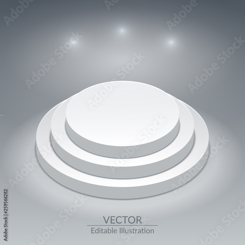White podium with lighting or spotlight. Pedestal. Scene for the presentation of the product or person. Vector editable isometric illustration.
