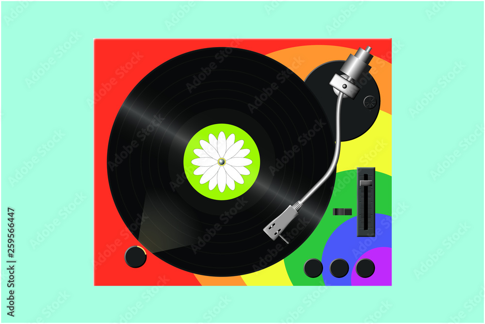Obraz premium sparkling black vinyl shot spinning on a turntable in front of blue background