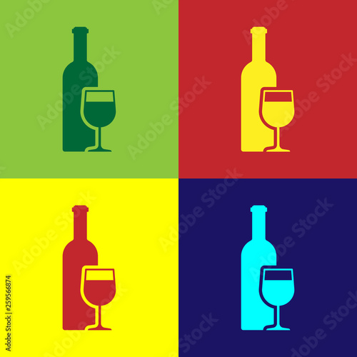 Color Wine bottle with wine glass icon isolated on color backgrounds. Flat design. Vector Illustration