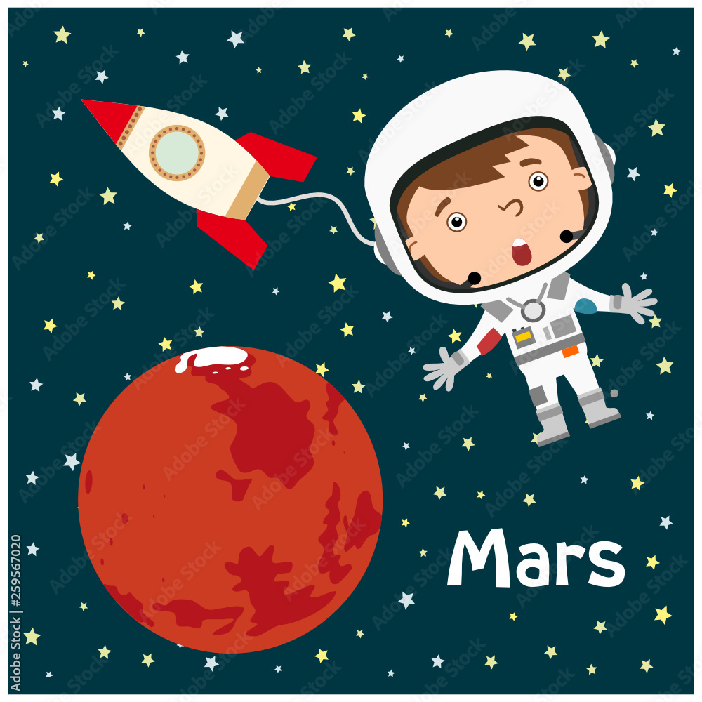 Funny cosmonaut in cartoon style flying in space near the planet Mars.  Stock Vector | Adobe Stock