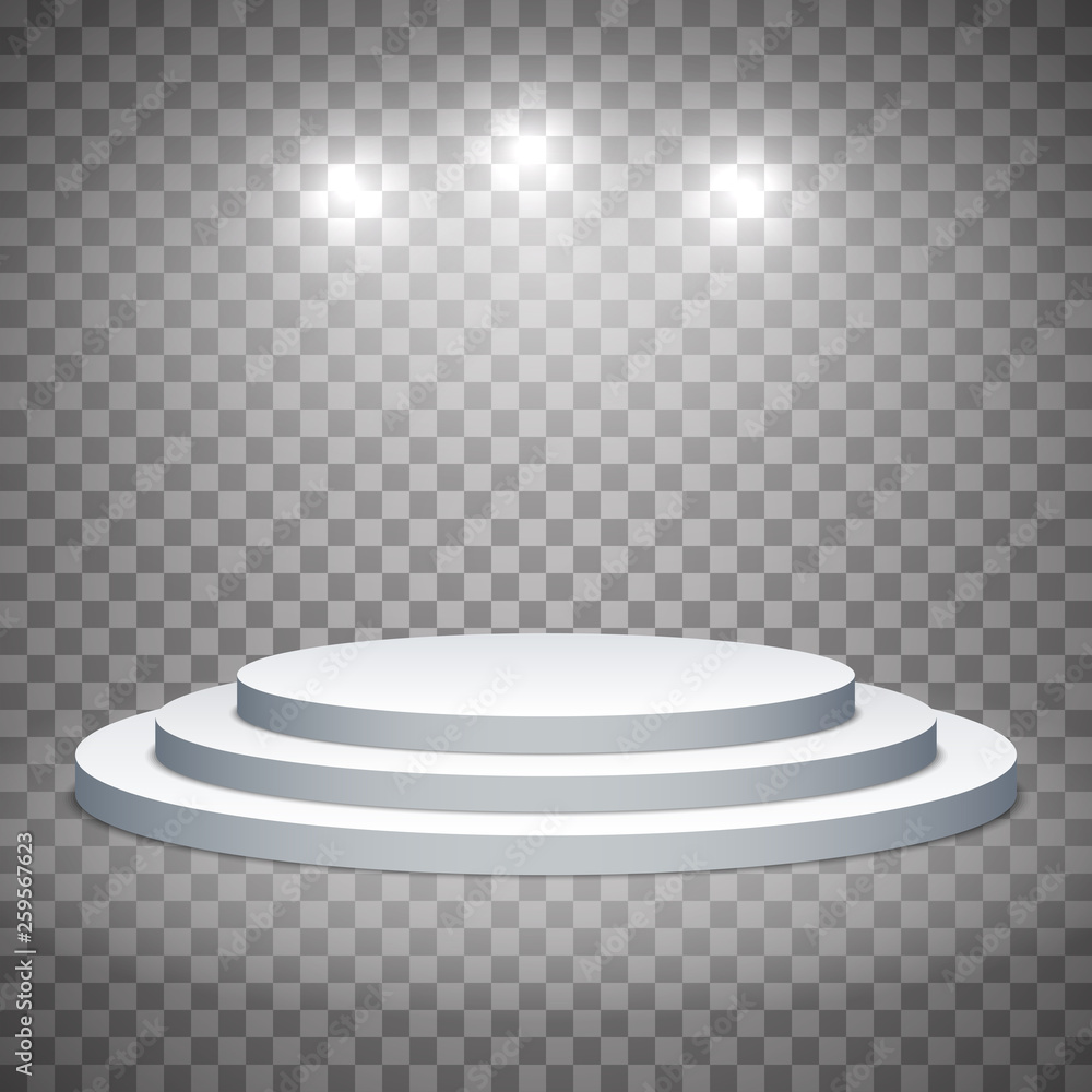 Fototapeta premium White pedestal with spotlights. Template on a transparent background. Editable vector illustration.