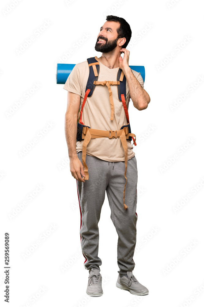Hiker man thinking an idea over isolated white background Hiker man thinking an idea over isolated white background