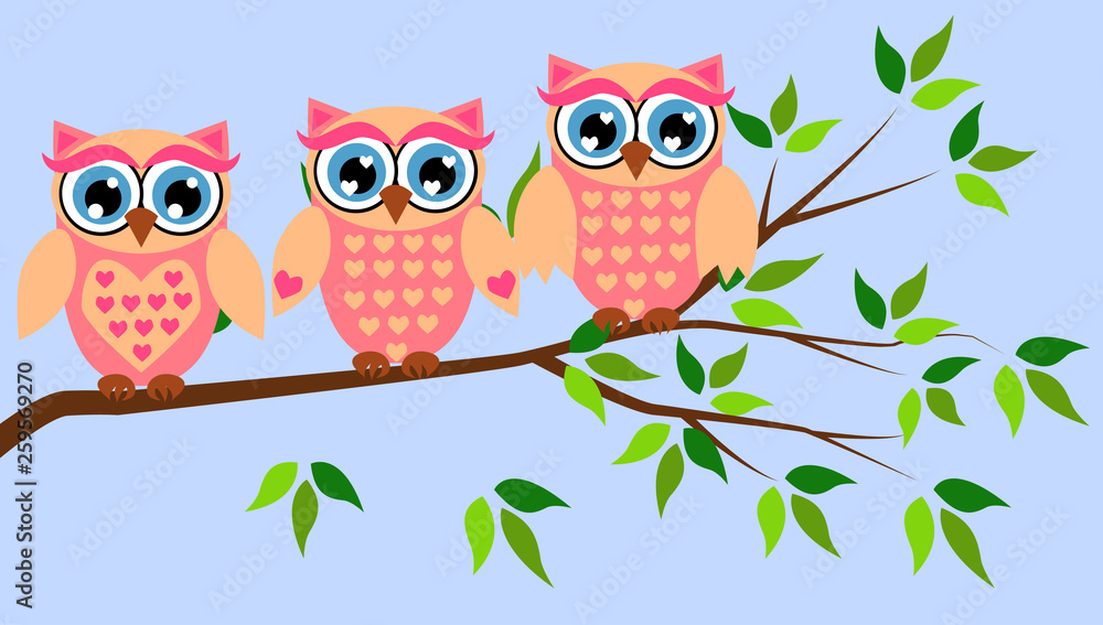Fototapeta premium Cute girl owls. Baby showers, parties for baby girls.
