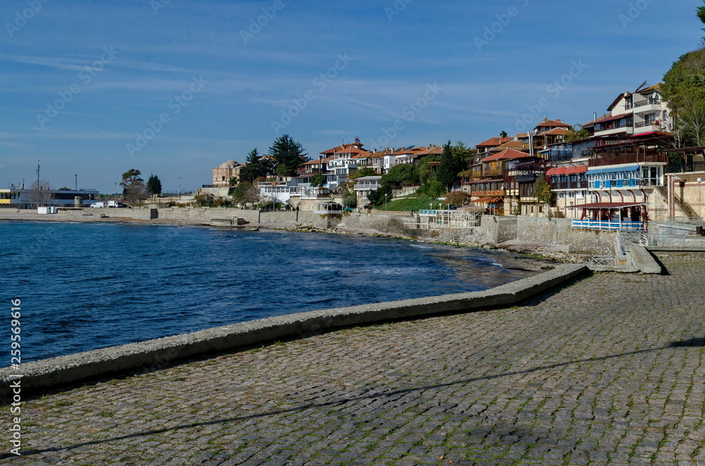 Coastal streets with houses in old town Nessebar, Bulgaria