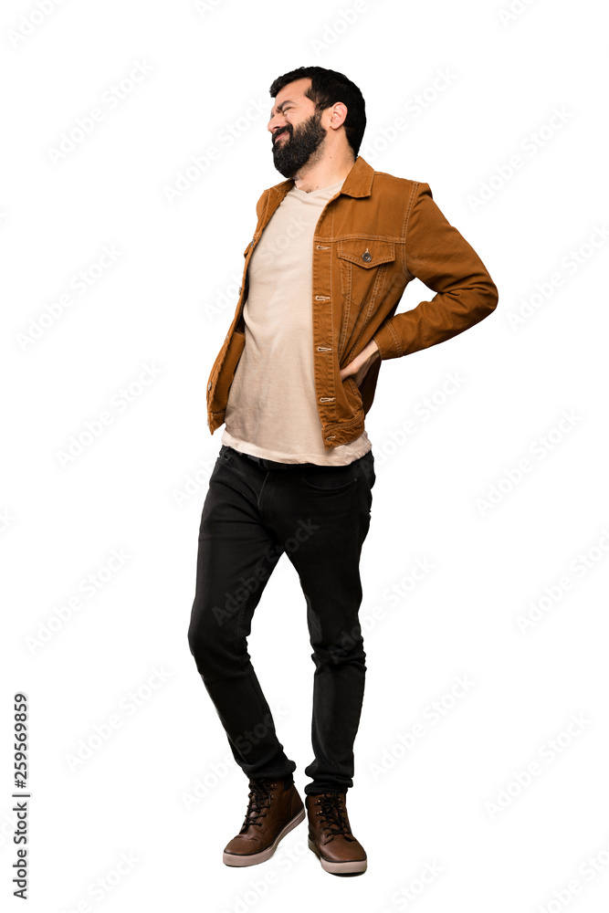 Handsome man with beard suffering from backache for having made an effort over isolated white background Handsome man with beard suffering from backache for having made an effort over isolated white background