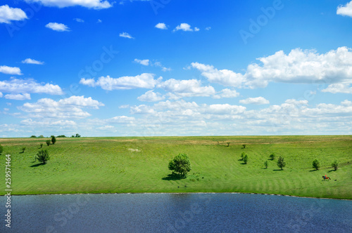 Beautiful view of the lake and the green meadow on the background of white clouds. Summer landscape.