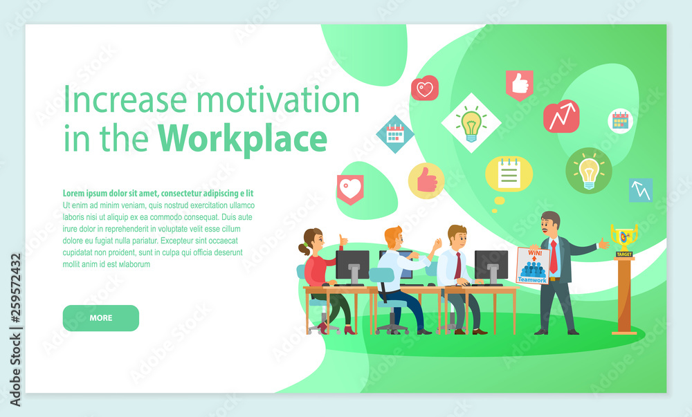 Worker standing with poster near award, people working with computers and discussing successful strategy. Green web page, increase motivation vector Worker standing with poster near award, people working with computers and discussing successful strategy. Green web page, increase motivation vector