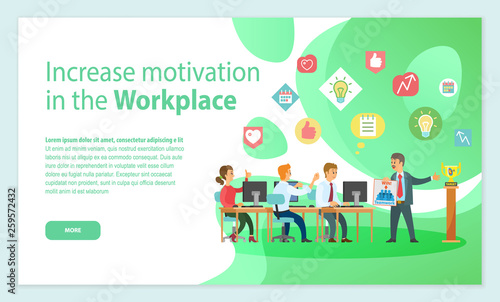 Worker standing with poster near award, people working with computers and discussing successful strategy. Green web page, increase motivation vector