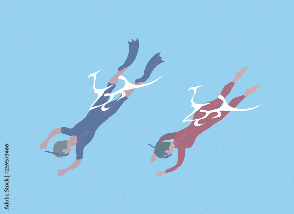 Men diving with tube and mask, wearing colorful swimwear, people underwater activity or training sport, full length and back view of people in pool vector Men diving with tube and mask, wearing colorful swimwear, people underwater activity or training sport, full length and back view of people in pool vector