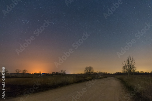 Country road in the field at dark starry night