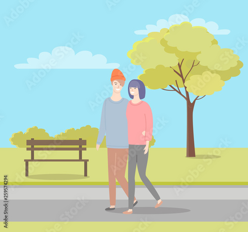 Man and woman walking in summer or spring park. Girlfriend and boyfriend in casual cloth sweaters and trousers spend time together, people in love dating © robu_s