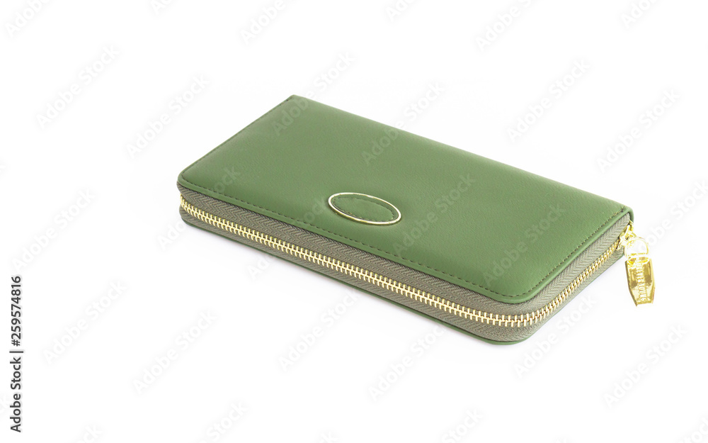 Closeup modern green woman wallet fashion on white background Closeup modern green woman wallet fashion on white background