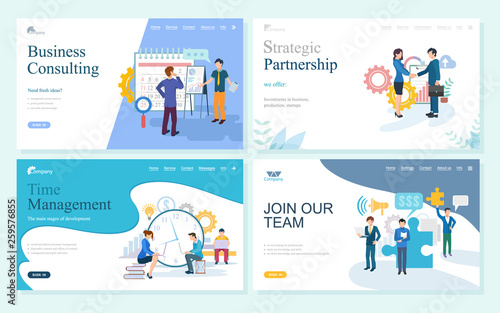 Websites with business consulting vector, join our team, strategic partnership and time management. Partners planning calendar, meeting of people. Website or webpage template, landing page flat style