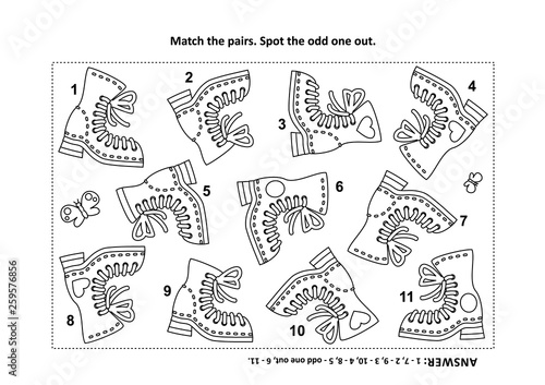 Puzzle with boots. Match the pairs. Find the odd one out. Answer included.