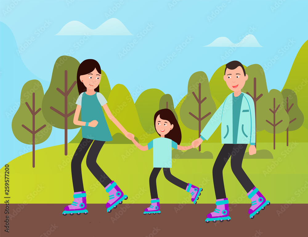 People spending time together vector, mother and father teaching kid to roll. Rollers on natural, straight road with flat surface, child with parents