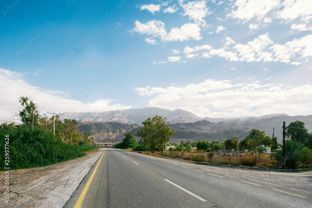 Beautiful asphalt road running through the Agaba with rocky mountains in the distance, Jordan.