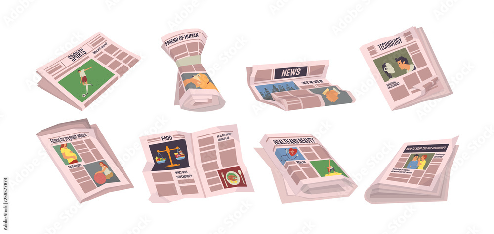 Newspapers with sports events vector, set of paper with information. Tabloids with food and technology innovations, politics and daily articles, health