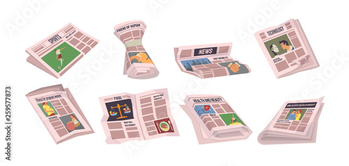 Newspapers with sports events vector, set of paper with information. Tabloids with food and technology innovations, politics and daily articles, health