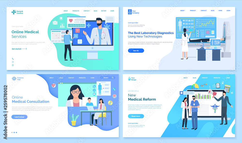 Online medical services vector, best laboratory diagnostics using new technologies, consultation of doctor, treatment and receipt from specialist. Website or webpage template, landing page flat style Online medical services vector, best laboratory diagnostics using new technologies, consultation of doctor, treatment and receipt from specialist. Website or webpage template, landing page flat style