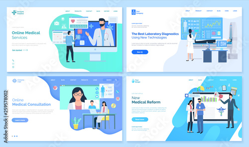Online medical services vector, best laboratory diagnostics using new technologies, consultation of doctor, treatment and receipt from specialist. Website or webpage template, landing page flat style