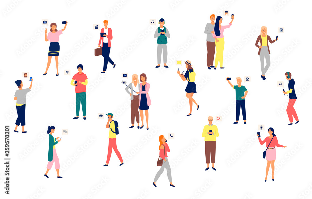 People holding smartphones in hands vector, set of man and woman. Mobile phone, selfies and listening to music, applications for connection, wifi