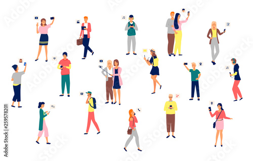 People holding smartphones in hands vector  set of man and woman. Mobile phone  selfies and listening to music  applications for connection  wifi