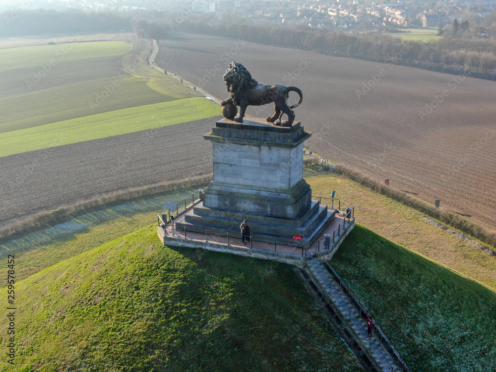 Aerial view of The Lion's Mound with farm land around.  The immense Butte Du Lion on the battlefield of Waterloo where Napoleon died. Belgium