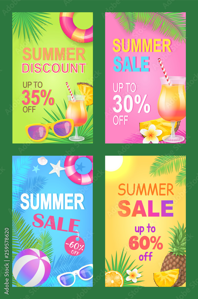 Naklejka premium Summer discount reduction posters set vector. Seasonal proposition and sales of lifebuoy, sunglasses,, and inflatable balls. Pineapples and cocktail