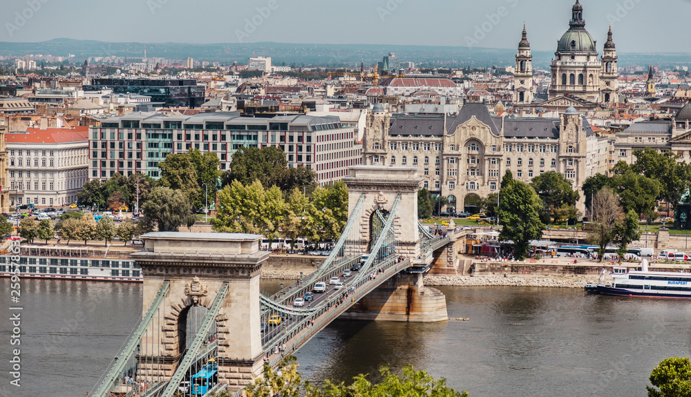 Budapest city landscape, bridge across dunau, view from Gellert Hill