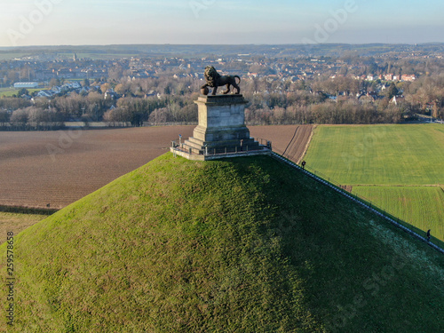 Aerial view of The Lion's Mound with farm land around.  The immense Butte Du Lion on the battlefield of Waterloo where Napoleon died. Belgium photo