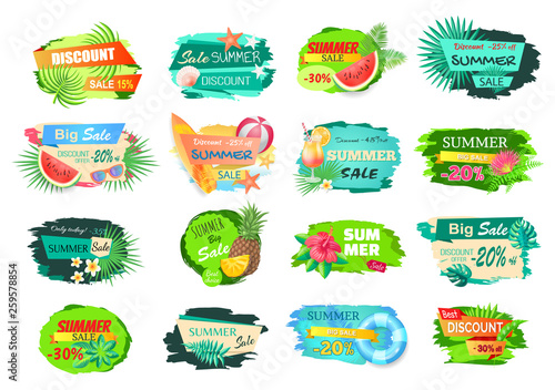 Summer big sale banners set. Posters with leaves of trees, cocktails and fruits. Watermelon and pineapple, surfing board and volleyball ball vector