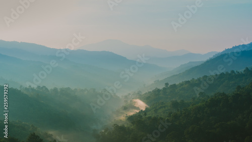 wide angle and web banner from sunlight and movement of fog in tropical forest on spring and summer season with layer of mountain background