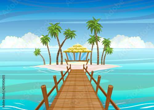 Idealistic tropical island, wooden bridge to the bungalow house © mirifadapt