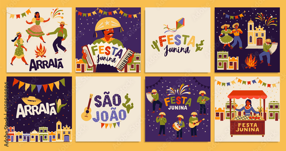 Festa Junina. Vector templates for Latin American holiday, the June party of Brazil. Design for card, poster, banner, flyer, invitation.