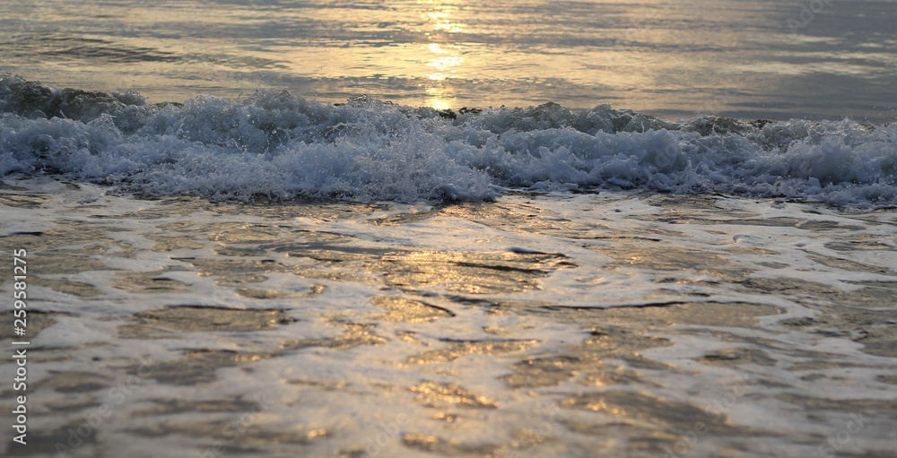 Bubbles from the waves that are impacting on the sea beach in the morning, the golden light from the sun Reflecting the sea surface Bubbles from the waves that are impacting on the sea beach in the morning, the golden light from the sun Reflecting the sea surface