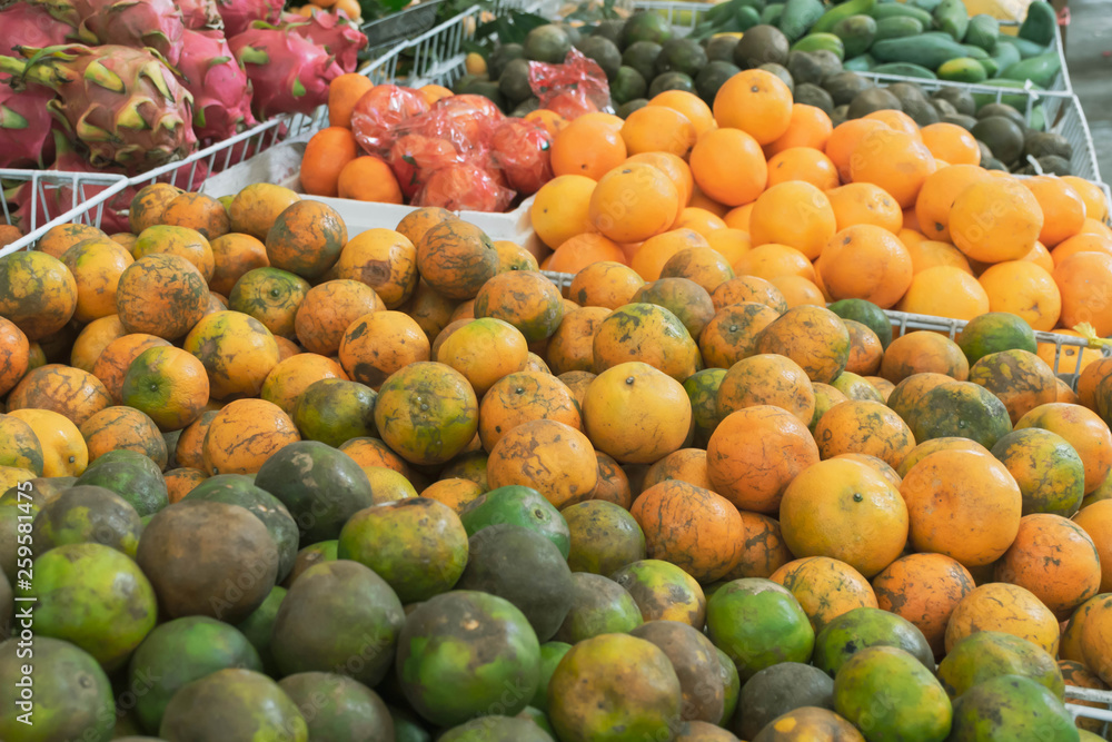Hatyai, Songkhla, Thailand - Feb. 12, 2019 : Many kinds of fresh fruits sold in Hatyai fruit market, Songkhla, Thailand. Hatyai, Songkhla, Thailand - Feb. 12, 2019 : Many kinds of fresh fruits sold in Hatyai fruit market, Songkhla, Thailand.