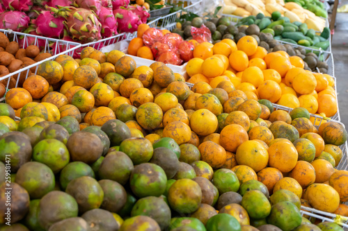 Many kinds of fresh fruits sold in Hatyai fruit market  Songkhla  Thailand.