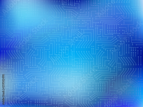 Circuit board on gradient mesh background. Blue electronic design with lights effect. Futuristic modern technology concept.