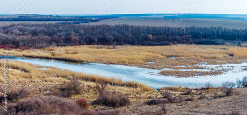 The panoramic view of the plain ice covered river with leafless forest and reed beds on the shore. Tuzlov river, Rostov-on-Don region, Russia